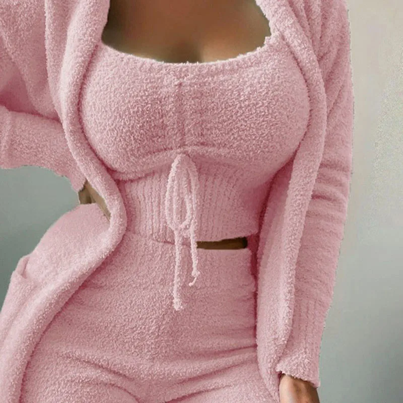 

Women Solid Color Velvet Top Coat Pants Pajama S-3XL 3-piece Warm Leak Soft Navel Top Comfortable Home Wear Set Slimming Clothes
