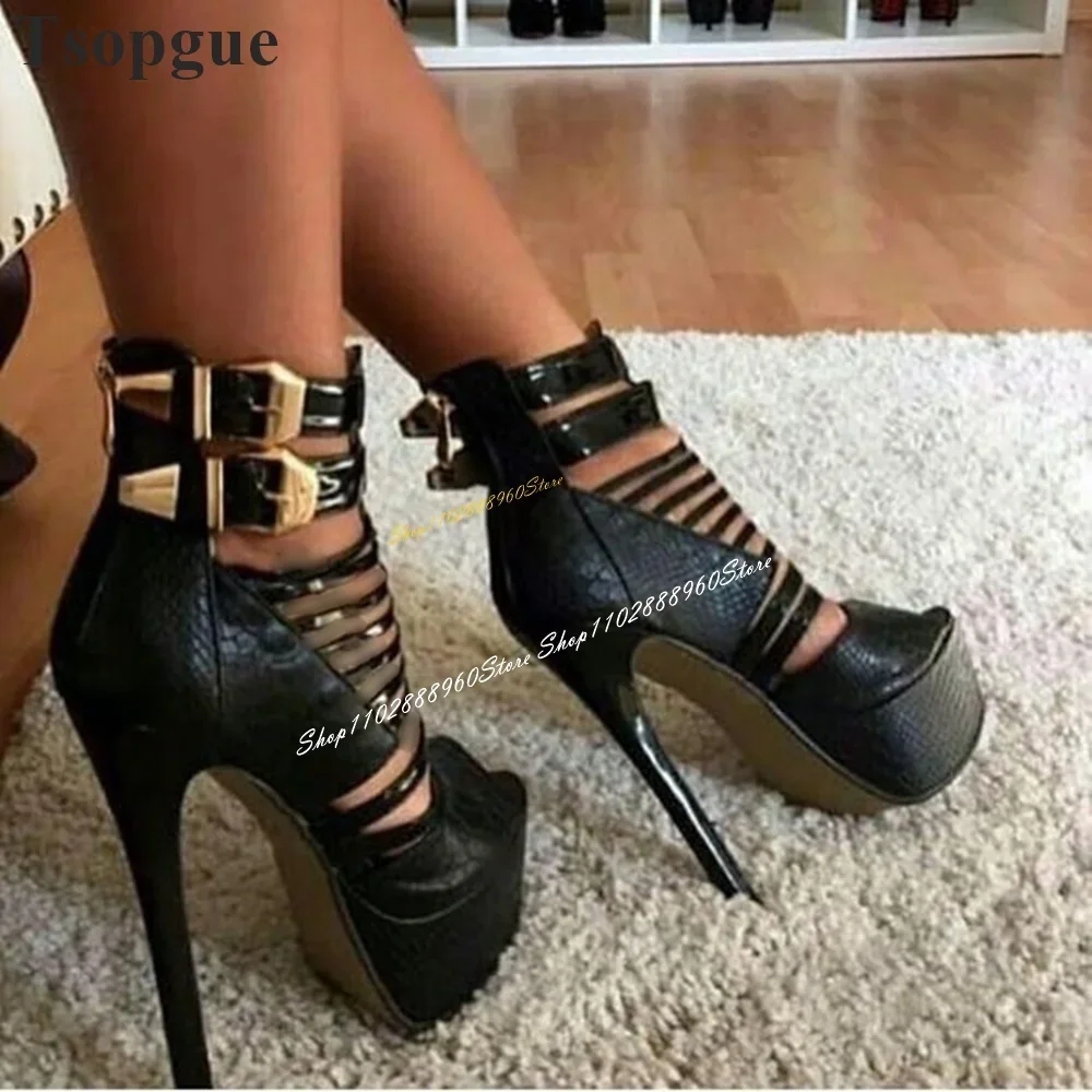 

Stylish Black Strappy Platform Casual Sandals Thin High Heel Women Shoes Back Zipper Peep Toe 2025 Fashion Zapatos Para Mujere