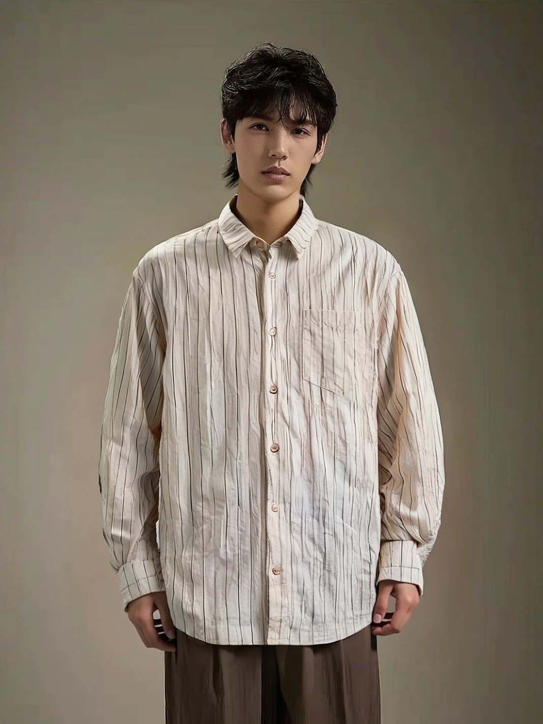 

High-End Texture Stripe Fabric Men's Loose Long Sleeve Shirt Trendy Casual Cotton Blend Elastic Fiber Autumn Winter New Style