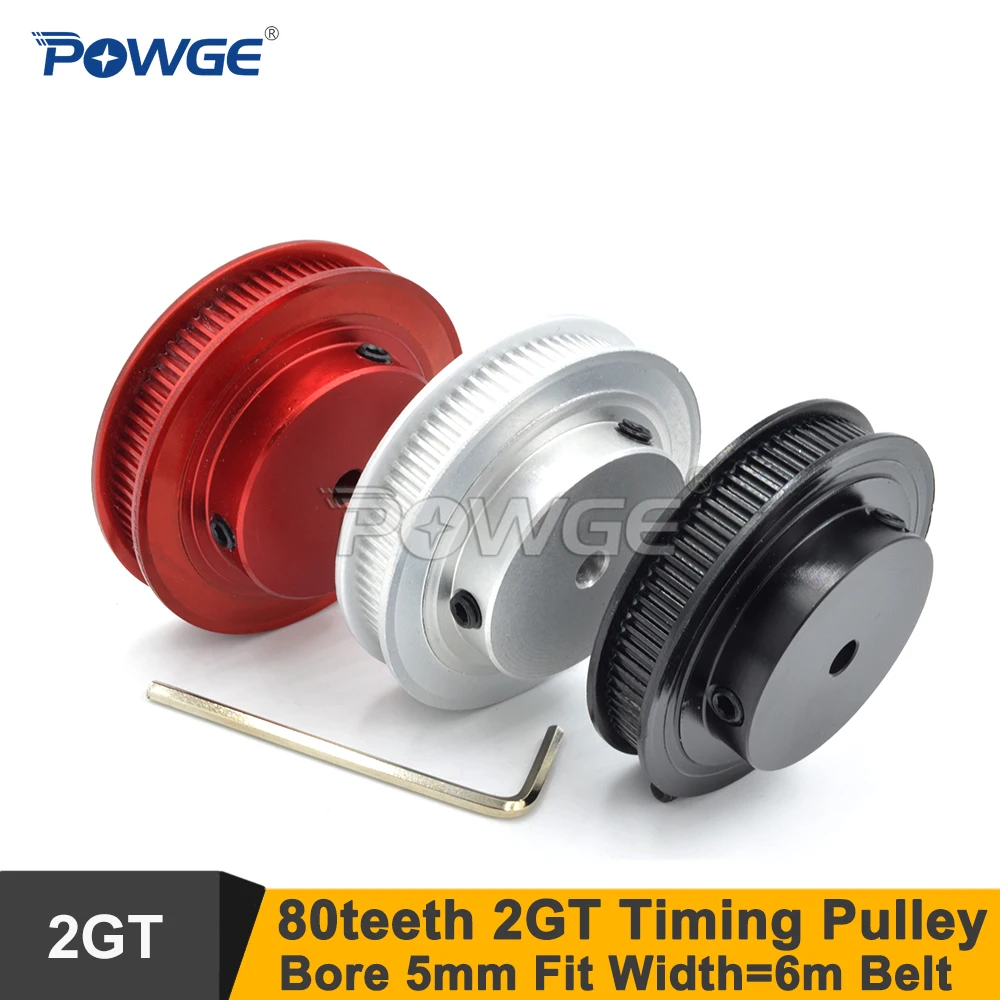 POWGE Black Red 80 Teeth 2GT Synchronous Pulley Bore 5mm For W=6mm 2MGT Timing Belt 80T 80Teeth GT2 Pulley For VORON 3D 80-2GT 