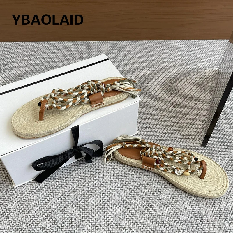 

2024 Summer New Hemp Grass Weaved Sandals Women Handmade Lace Up Flat Heel Flip Flops Fashion Leisure Style Beach Sandals Shoes