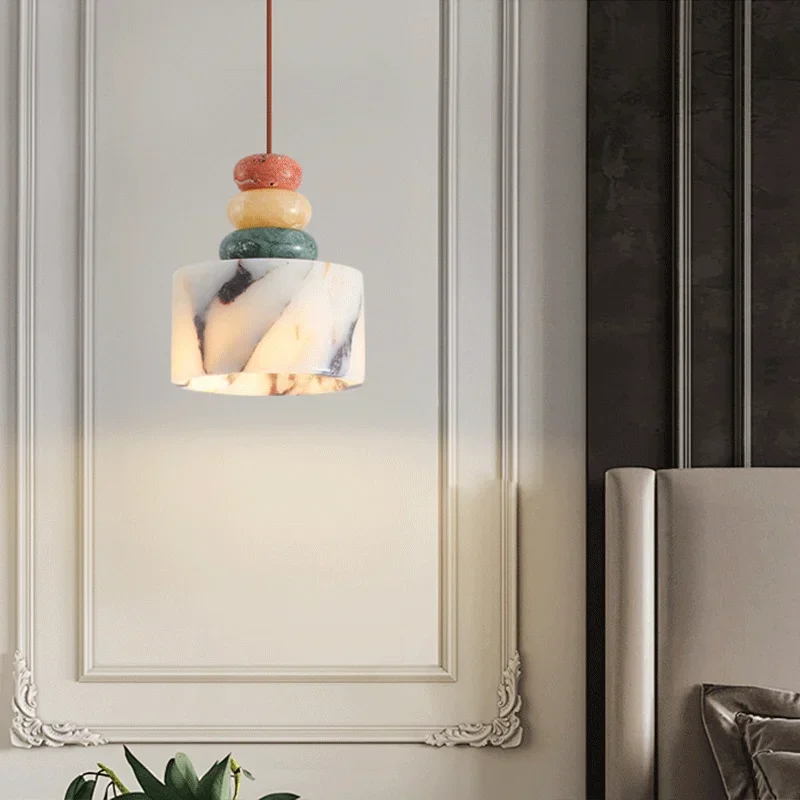 High-end European Colorful Stone LED Hanging Pendant Lamp,Bedroom Bedside Dining Living Room Marble Lighting Home Decor Fixture
