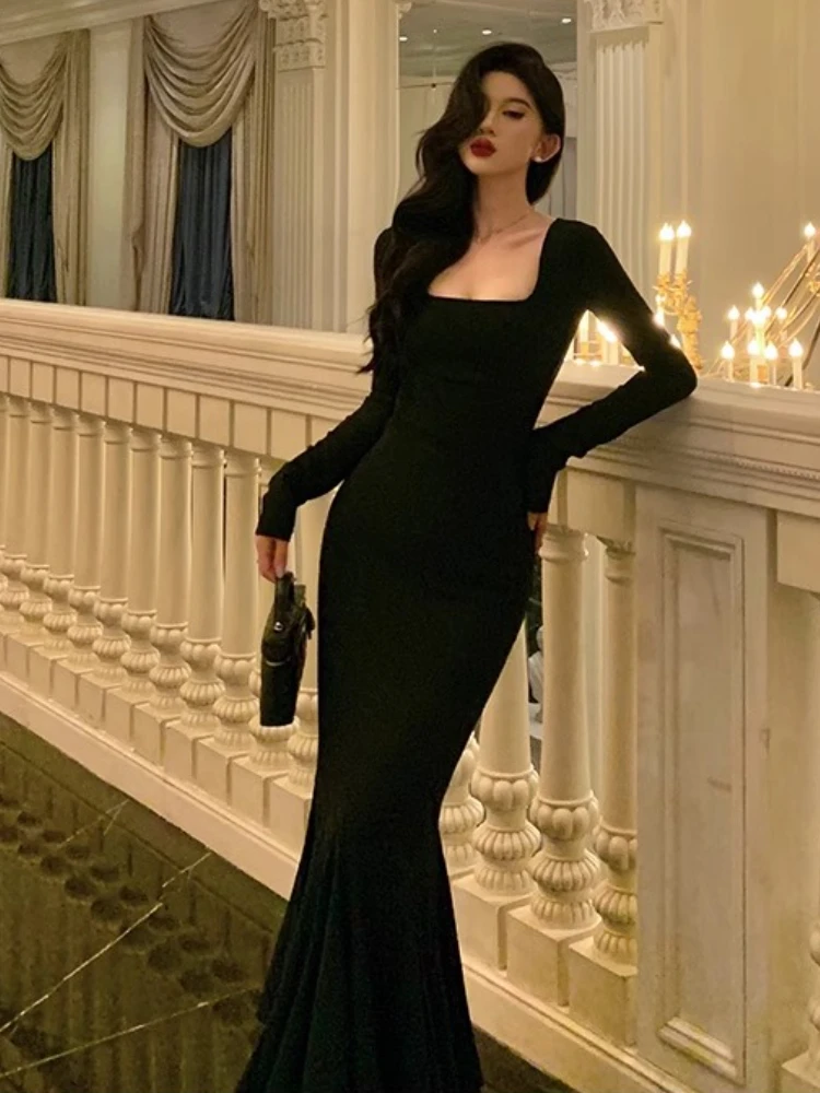 フランスのエレガントなスタイルのボディコンフィッシュテールロングドレス、スクエアネック、長袖、ハイウエスト、スリムフィット、黒のイブニングドレス、女性用、秋