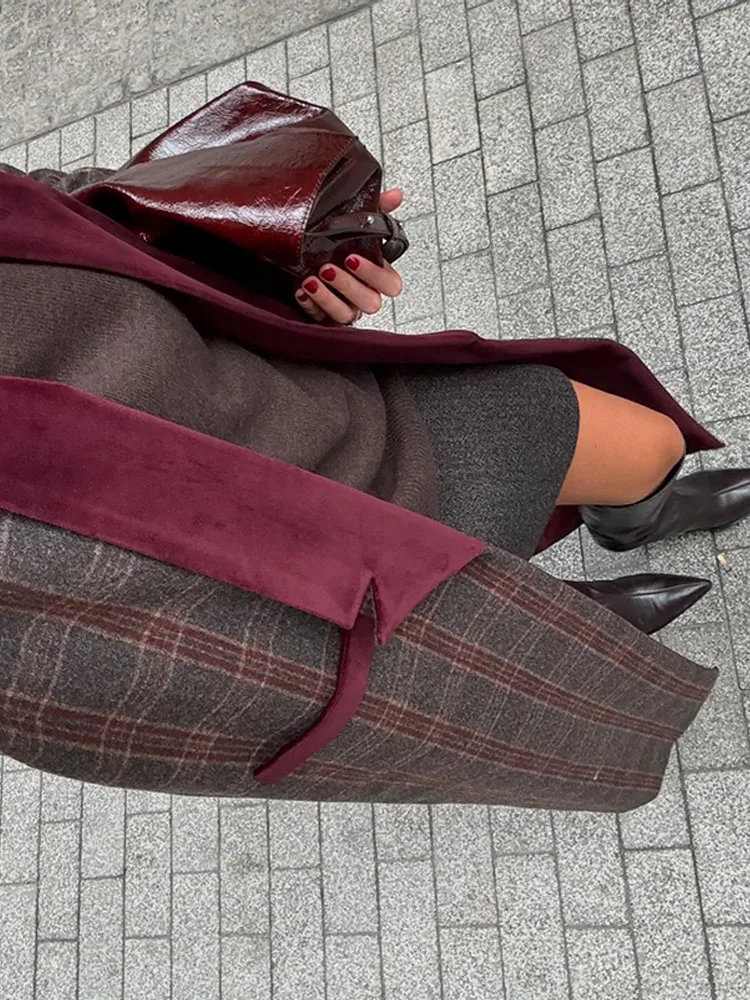 Vintage Plaids Print Patchwork Suede Woolen Long Coats Women Fashion One Button Full Sleeves Overcoats 2024 New Lady Outwears