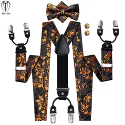 Hi-Tie Jacquard Black Gold Vine Mens Suspenders Bowtie Hanky Cufflinks Set Adjustable 6 Clips Y Back Braces for Male Gift