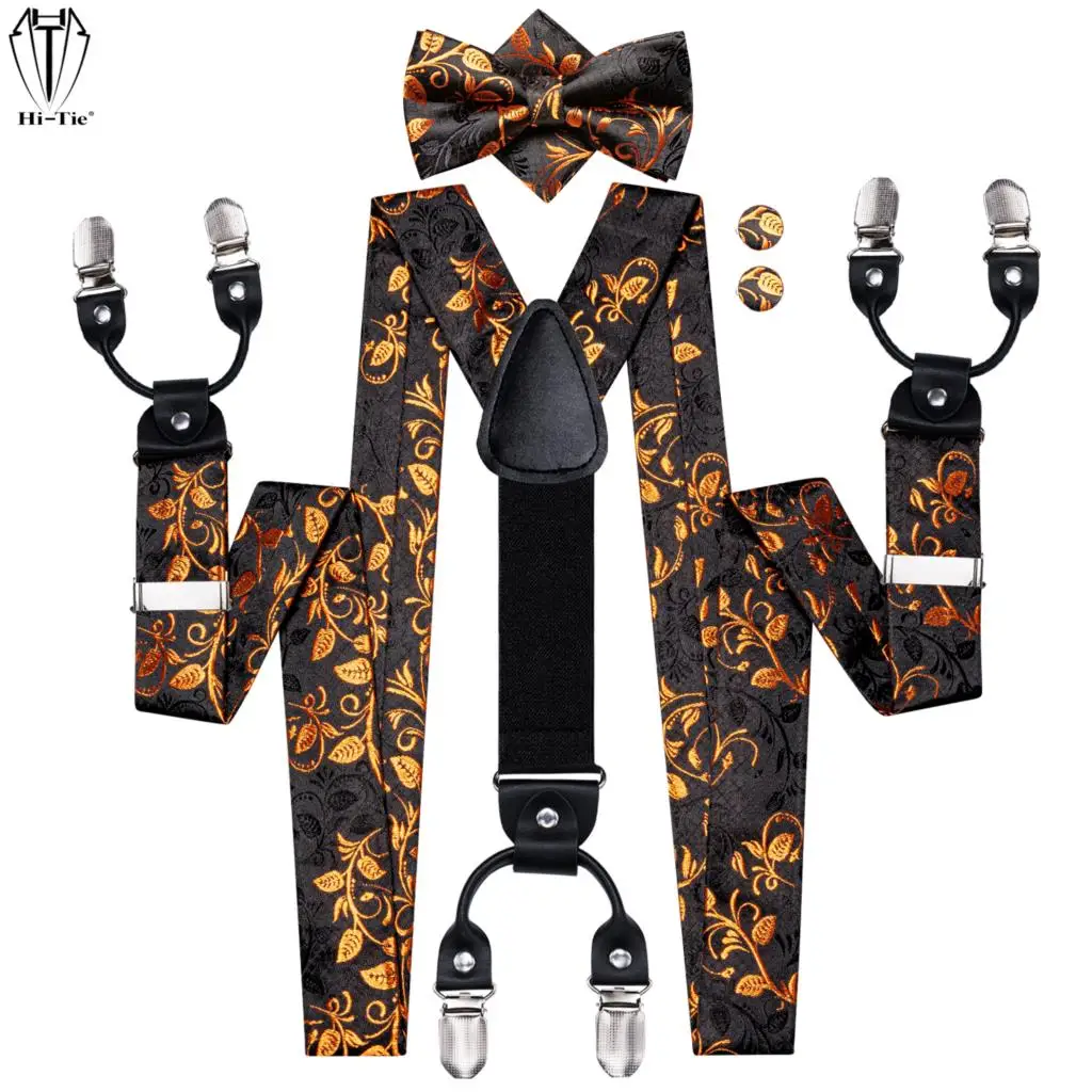 Zestaw męskich szelków Hi-Tie Jacquard Black Gold Vine z muszką, chusteczką do garnituru i spinkami do mankietów, regulowane szelki z 6 klipsami, model Y Back, idealny na prezent dla mężczyzny.