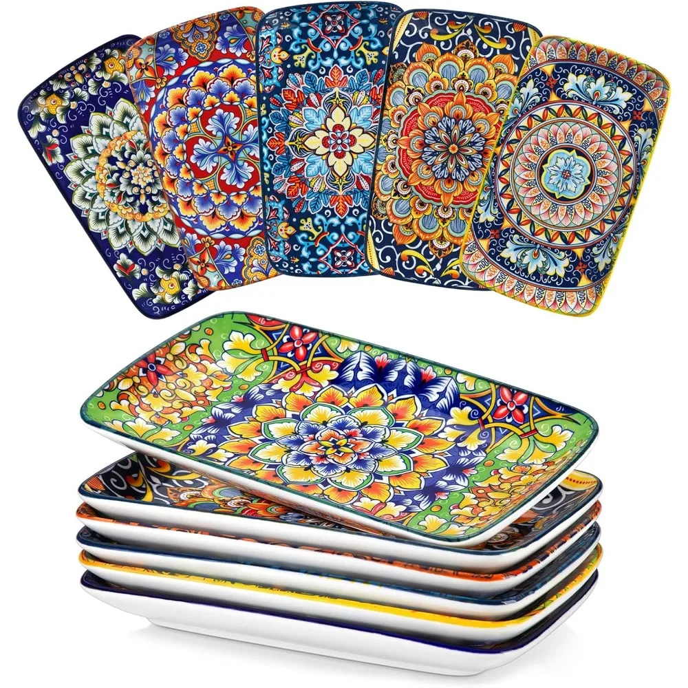 

Vancasso Simi 9.5 Inch Rectangular Dinnerware Set - 6 Bohemian Floral Plates in 6 Vibrant Colors, Safe for Microwave and Dishwas