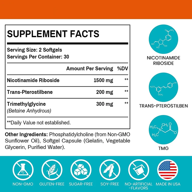 อาหารเสริม liposomal Nicotinamide nucleoside, NAD + อาหารเสริมส่งเสริมที่มี TMG และ pterforms ใช้สำหรับพลังงานเซลล์