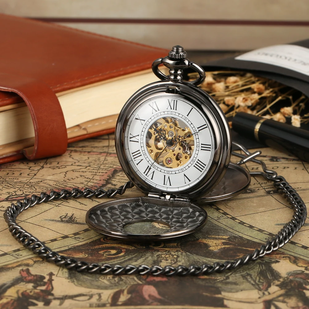 男性用の機械式巻きポケット腕時計,ローマ数字の中空時計,ダブルハンター,ペンダントチェーン,クリスマスと誕生日プレゼント