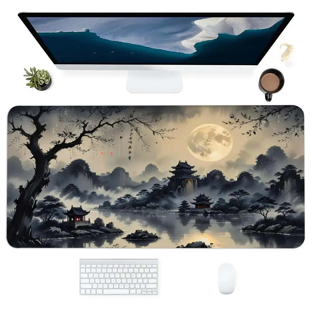 Large XXL Gaming MousePad Desk Mat Keyboard Pad Chinese Ink Wash Mountain Pavilion Full Moon Lake Landscape Non Slip Rubber Base