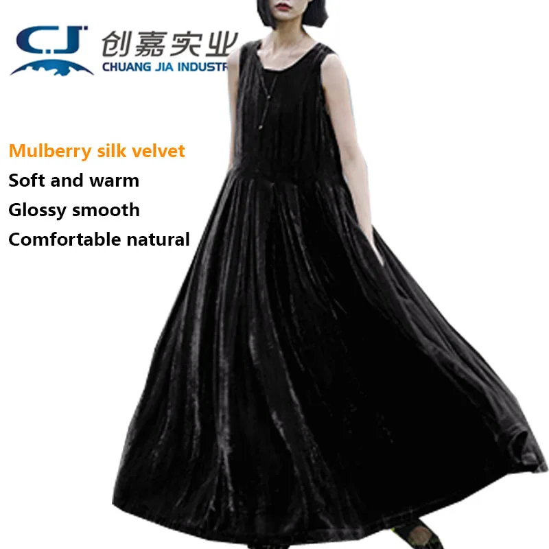 Original Design Spring Summer Women's Mulberry Silk Velvet Vest Long Skirt Temperament Elegant Pleated Large Swing Black Dress