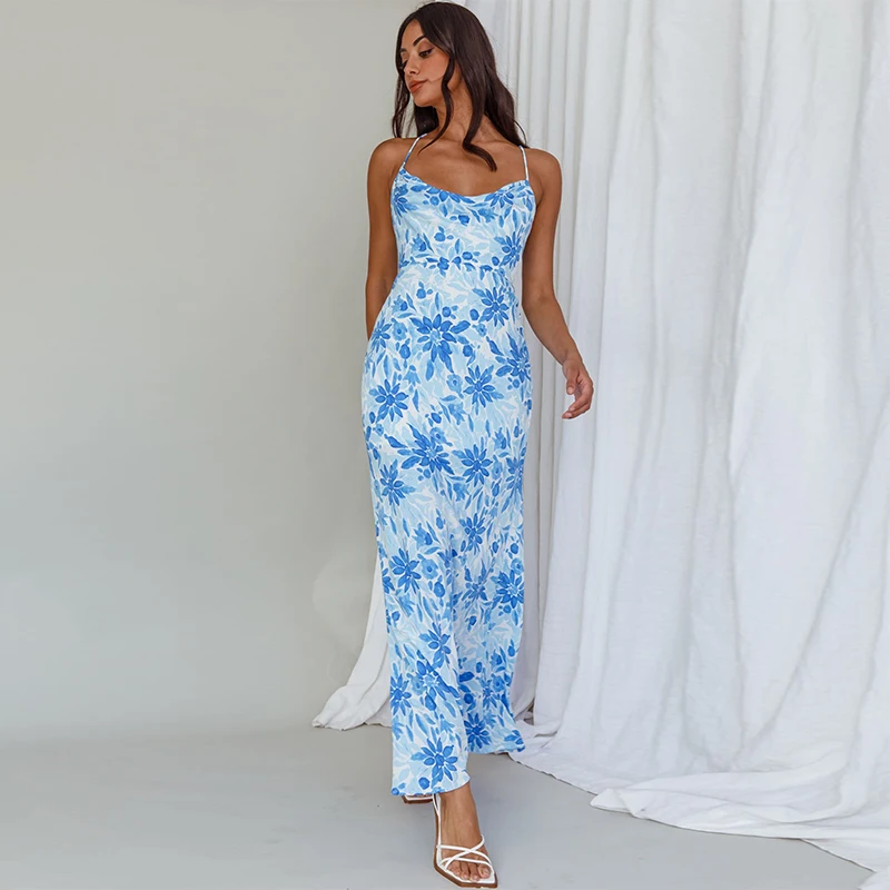 InsLucky Sexy Backless Bandage Blue Floral Print Maxi Dress Women Cowl Neck  Hollow Out Slim Bodycon Bohemian Dresses Summer