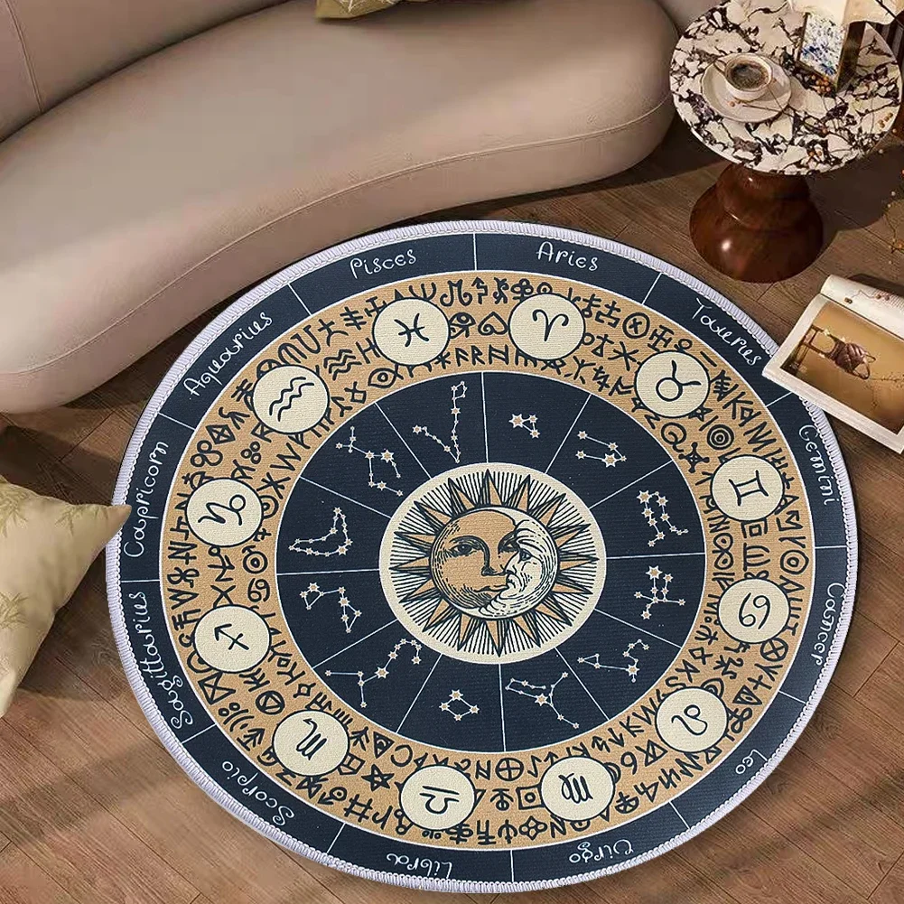 Round Flannelette Tablecloth with Non Slip Feature Mysterious Tarot and Twelve Constellation Sun Decorations for Table Top Games