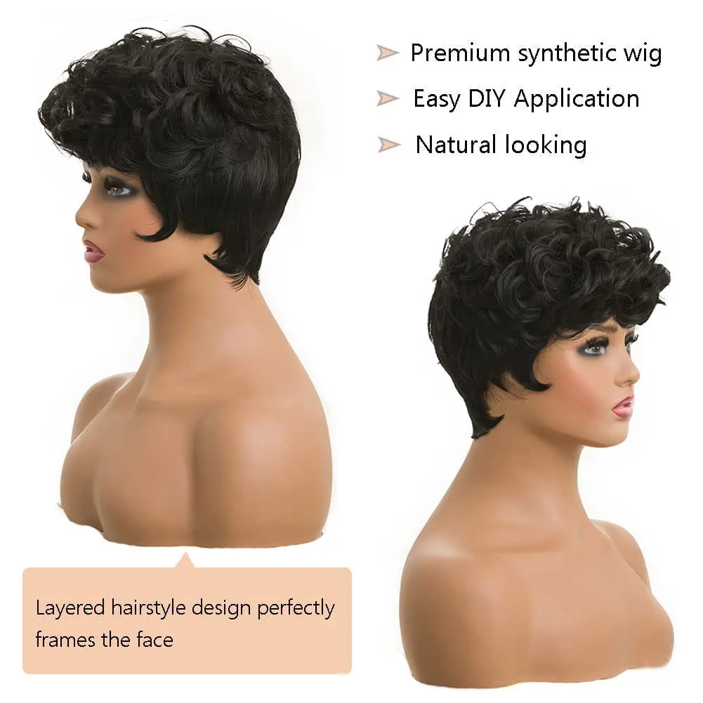 Short Pixie Wigs for Black Women Short Black Curly Pixie Wigs Synthetic Hair Wigs for Black Women Natural Wavy Black Pixie Cut