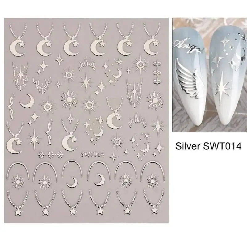 Sliver Nails Stickers Mental Sun Moon Star Lock Angel Wing Decals Nail Charms 3D Adhesive Sliders Spring Decor Accessories SLSWT