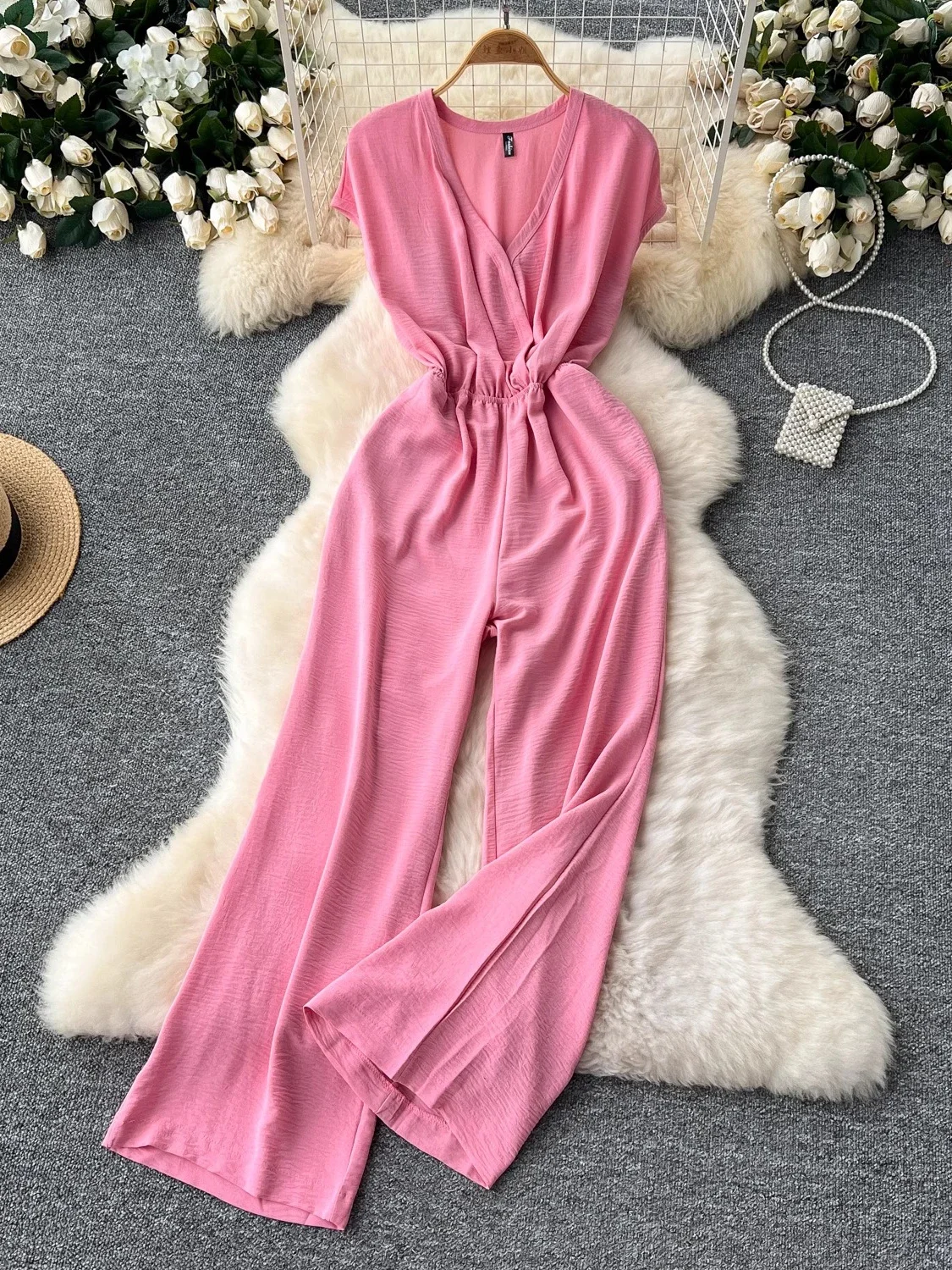 Summer Casual Jumpsuits For Women Vintage Red/Pink/Blue/Black V-Neck Sleeveless Wide Leg High Waist Romper Beach Vacation New