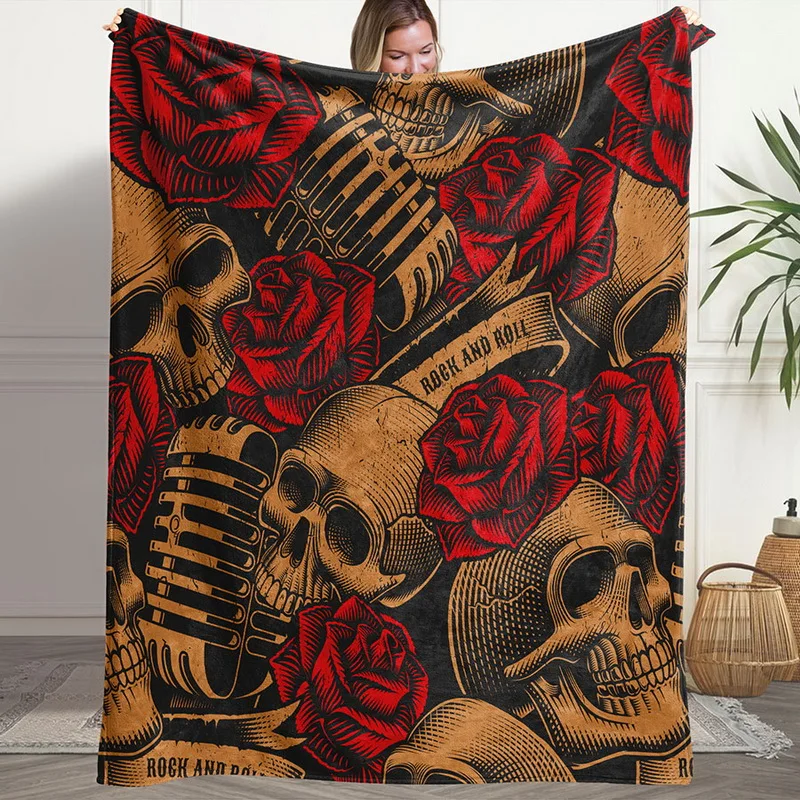 1pc Fluffy Blanket Skull Rose Microphone Print White Throw Blanket White Blanket Barefoot Bream Blanket Throw Blanket for Sofa W