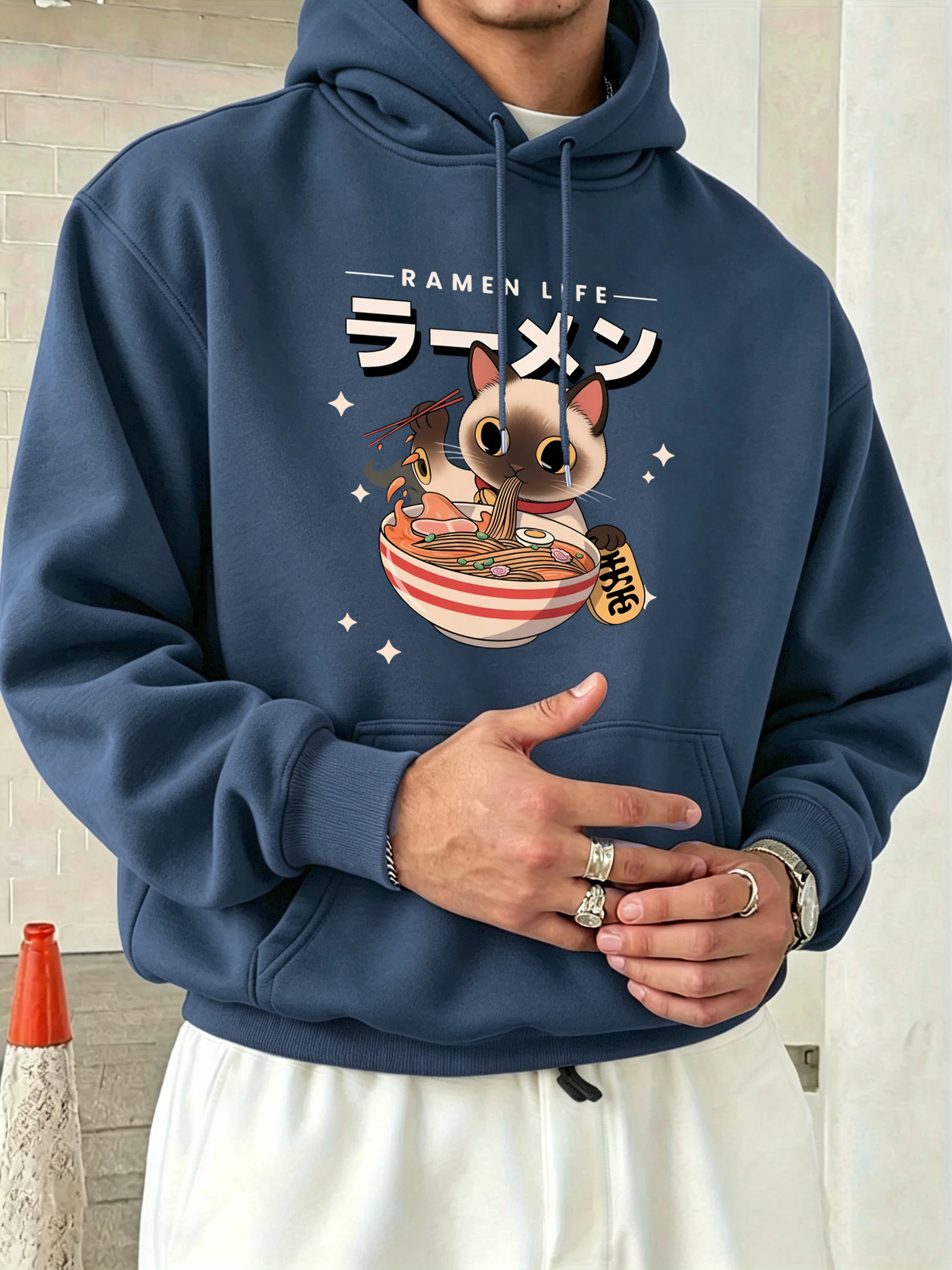 Kitten'S Daily Lamian Noodles Pattern Men O-Neck Casual Clothes Autumn Fleece Retro Hoodie Loose Unisex Color Fashion Streetwear