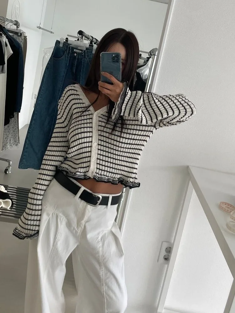 

Ele V-Ne Knitted Open Cardigan Women's Retro Striped Faionable Wood ain Design Outerwear Top Korean Sle Slim...