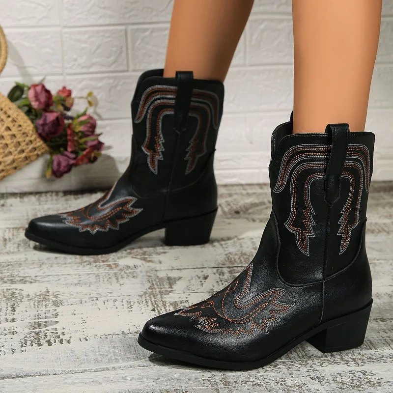 

2025 Fashion Women's Shoes Mid-Calf Women's Boots Hot Sale Embroidery Modern Boots Women New Slip-on Shoes for Women