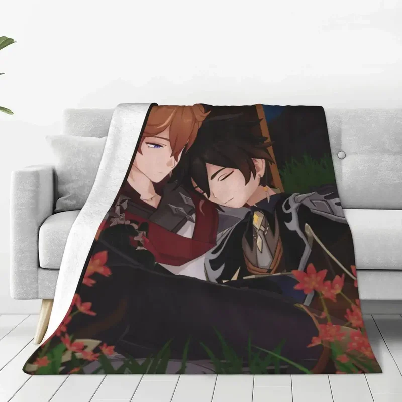 Genshin Impact Lgbt Knitted Blankets Tartaglia Childe Zhongli Anime Plush Throw Blankets Summer Air Conditioning Bedspreads