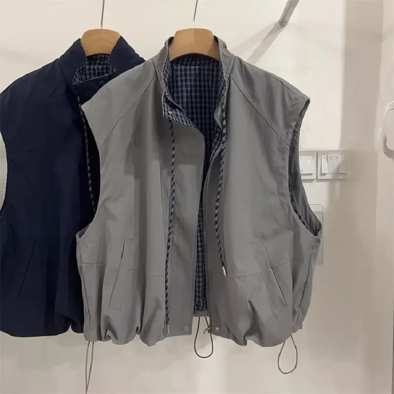 

Корейский стиль, свободные серые куртки-кардиганы, повседневная модная тенденция, клетчатый жилет, пальто, женские осенние черные топы 202, Chaleco Mujer