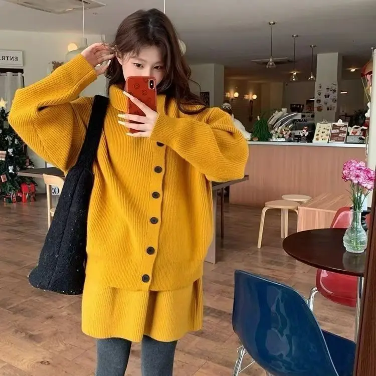 Two-Piece High-Neck Long-Sleeved Knitted Sweater Cardigan Short Skirt Autumn Winter New Korean Style Loose Senior Suit