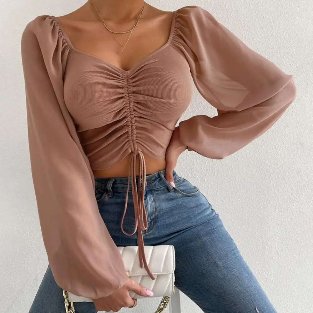 

Sexy Mesh Lantern Sleeves Drawstring Wrap Chest Midriff T Shirt Women Long Sleeves Bottoming