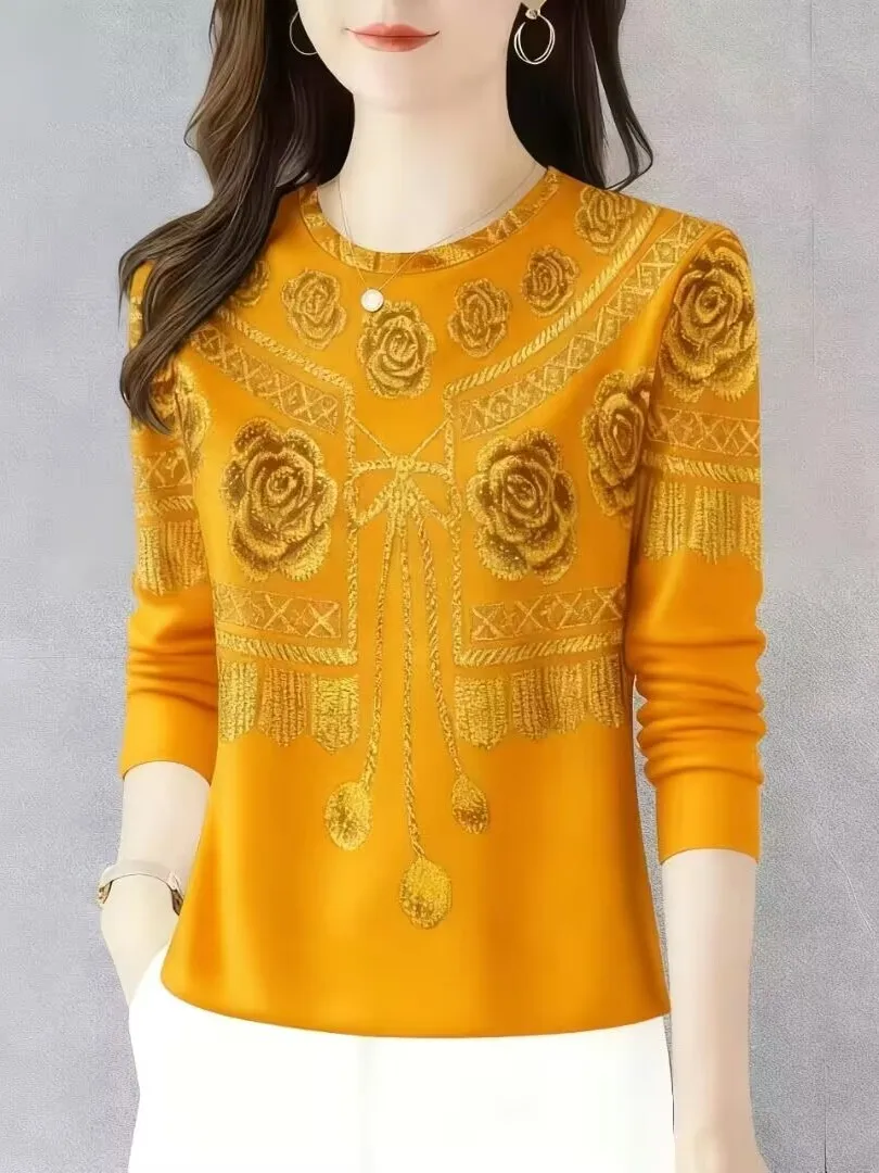 Fashionable Long Sleeve Printed Base Layer Top Autumn Winter New Style 2025 Cover Belly Retro Trendy Small Shirt Ladies T-shirt