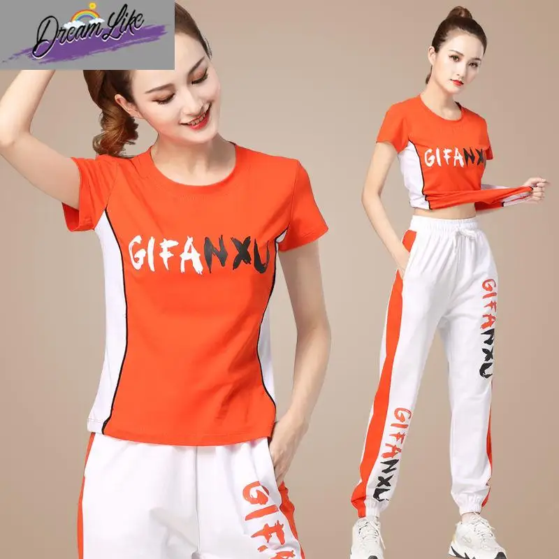 

Summer New Women's Fitn Dancewear Square Dancing Sportswear Cotton Tee-acetate Fiber Ghost Step Costume Set