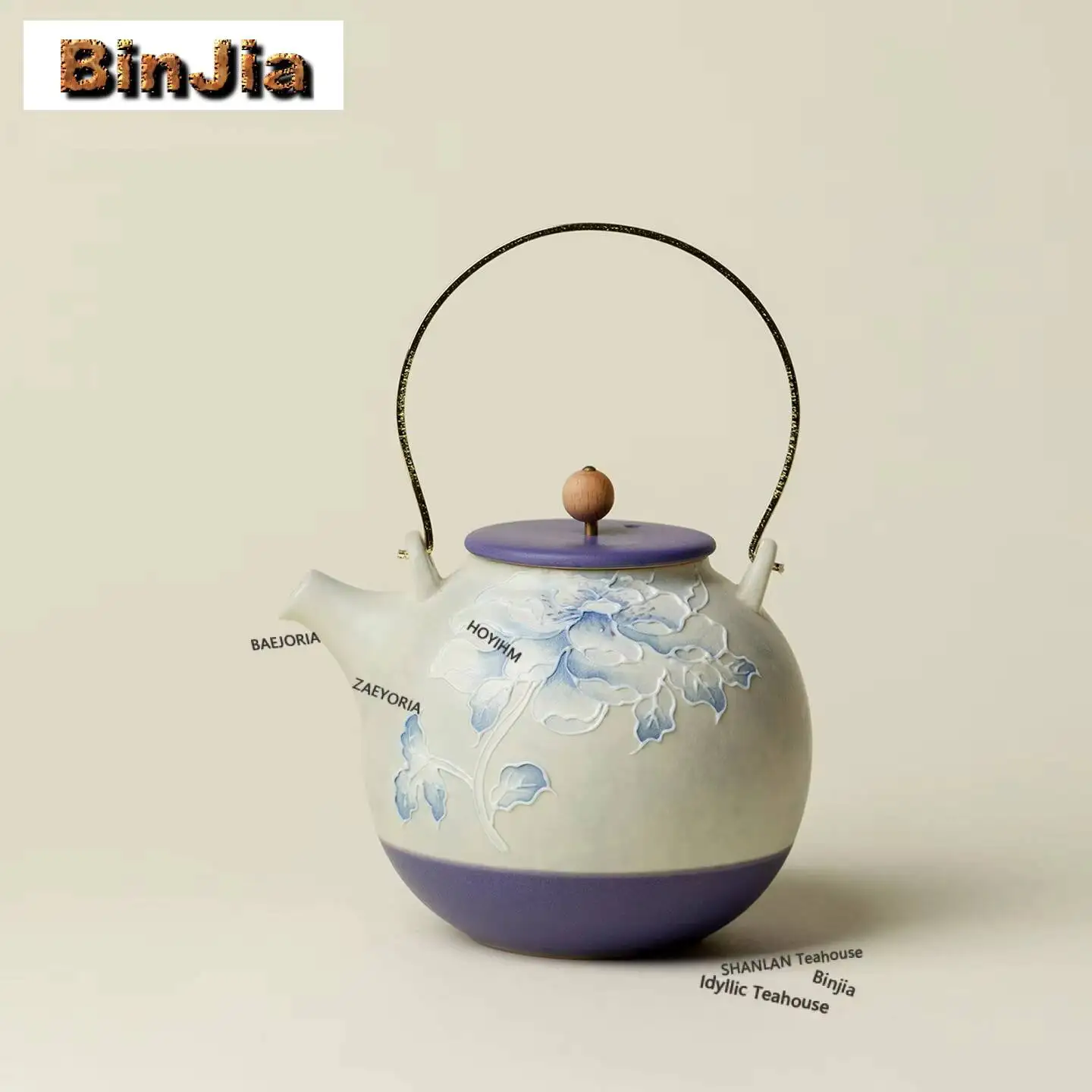 400ml Purple Rhymes Peony Hoop Handle Teapot Zen Tea Infuser Pot Tea Soaking Kettle With Strainer For Tea Supplies Ornaments