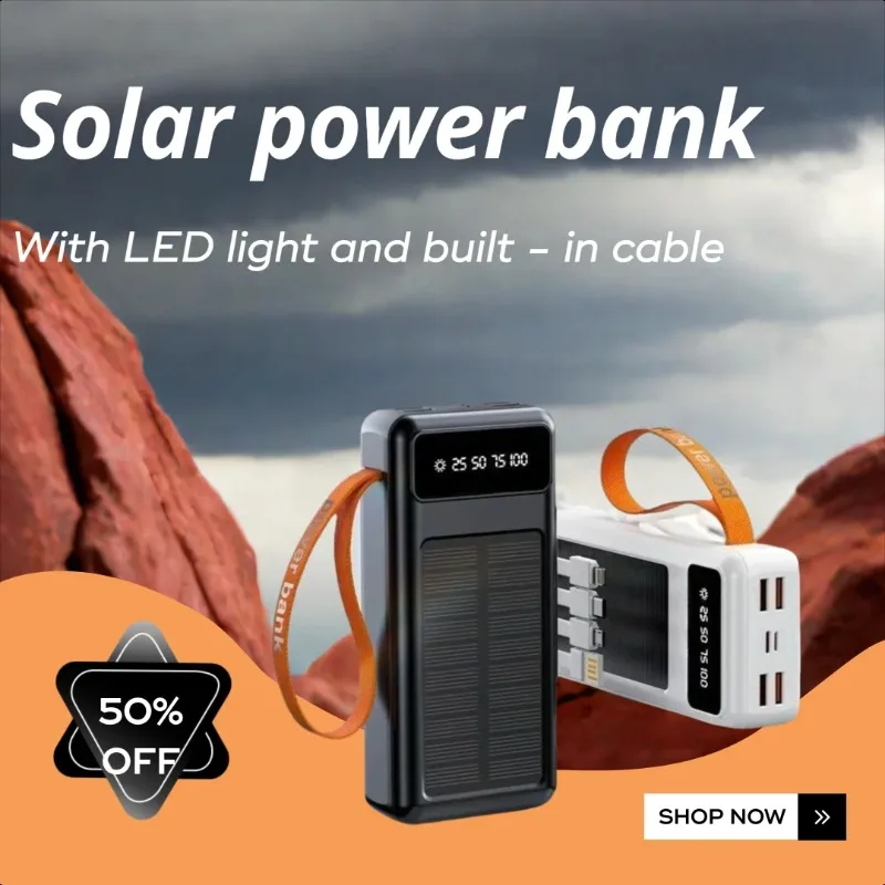 

Multi-capacity Solar - Powered Power Bank with Built - in Cable Large Capacity Outdoor Waterproof Fast Charging and LED Light