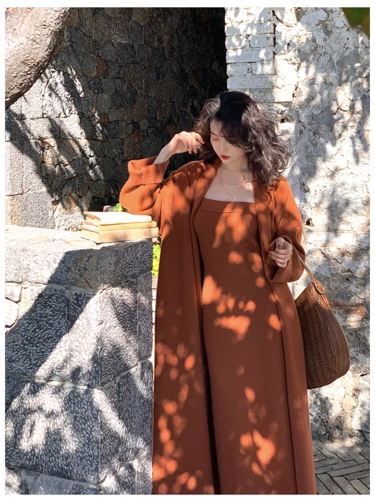 2023 Korean Women\'s Cardigan Solid Color Fashion Mid-length Sweater Cardigan Dress Autumn and Winter Elegant Dress Two-piece Set