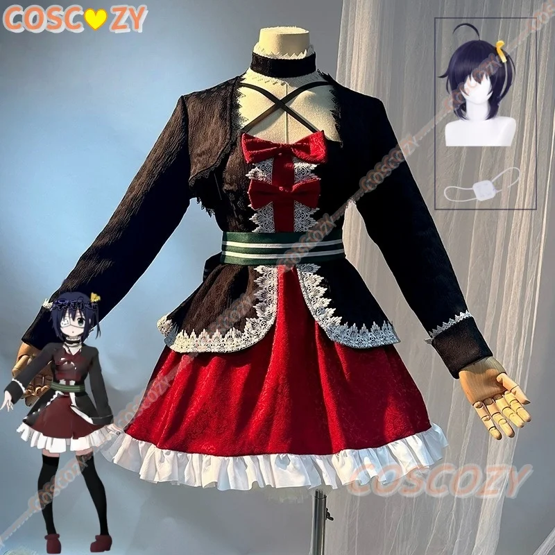

Аниме Love, Chunibyo & Other Delusions Takanashi Rikka Косплей Костюм Парик Темно-красное бархатное платье Женский кавайный рождественский костюм