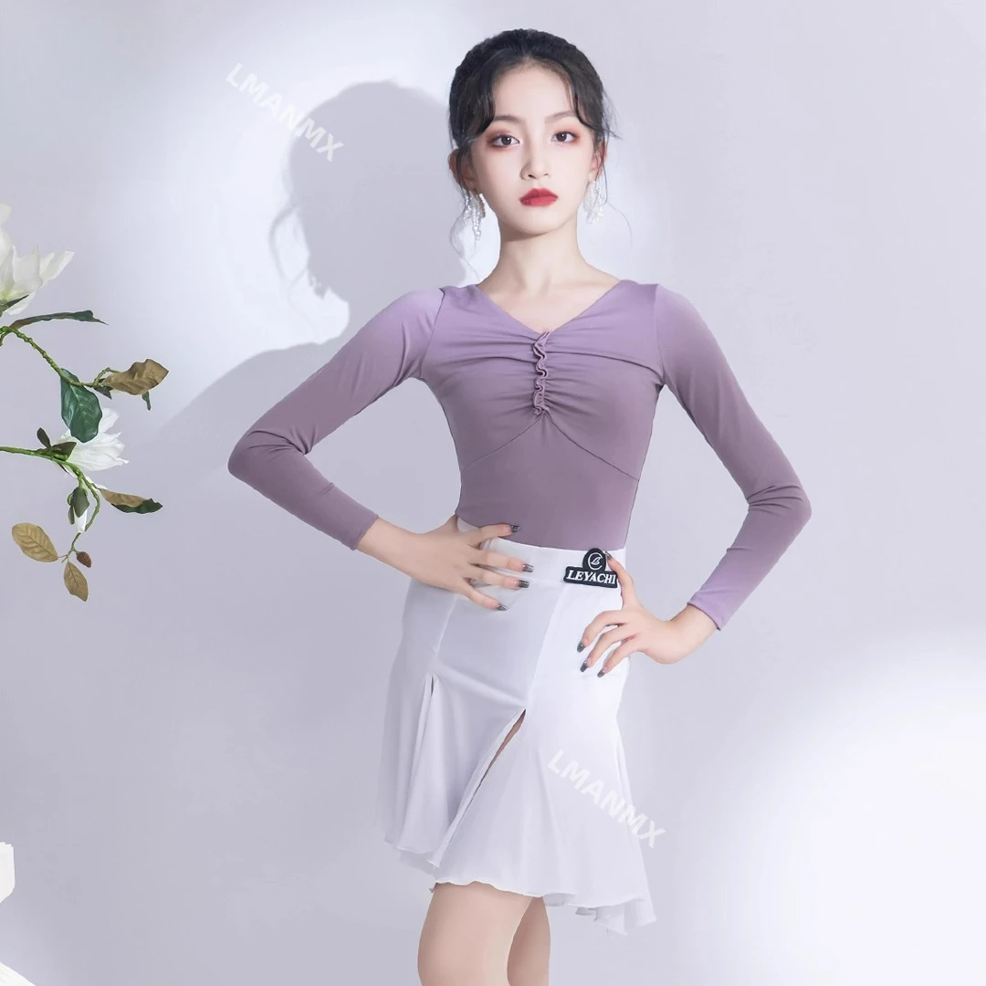 2025 Primavera/Novedad de verano vestido de baile latino vestido de práctica para niñas conjunto dividido de manga larga vestido de baile de gama alta