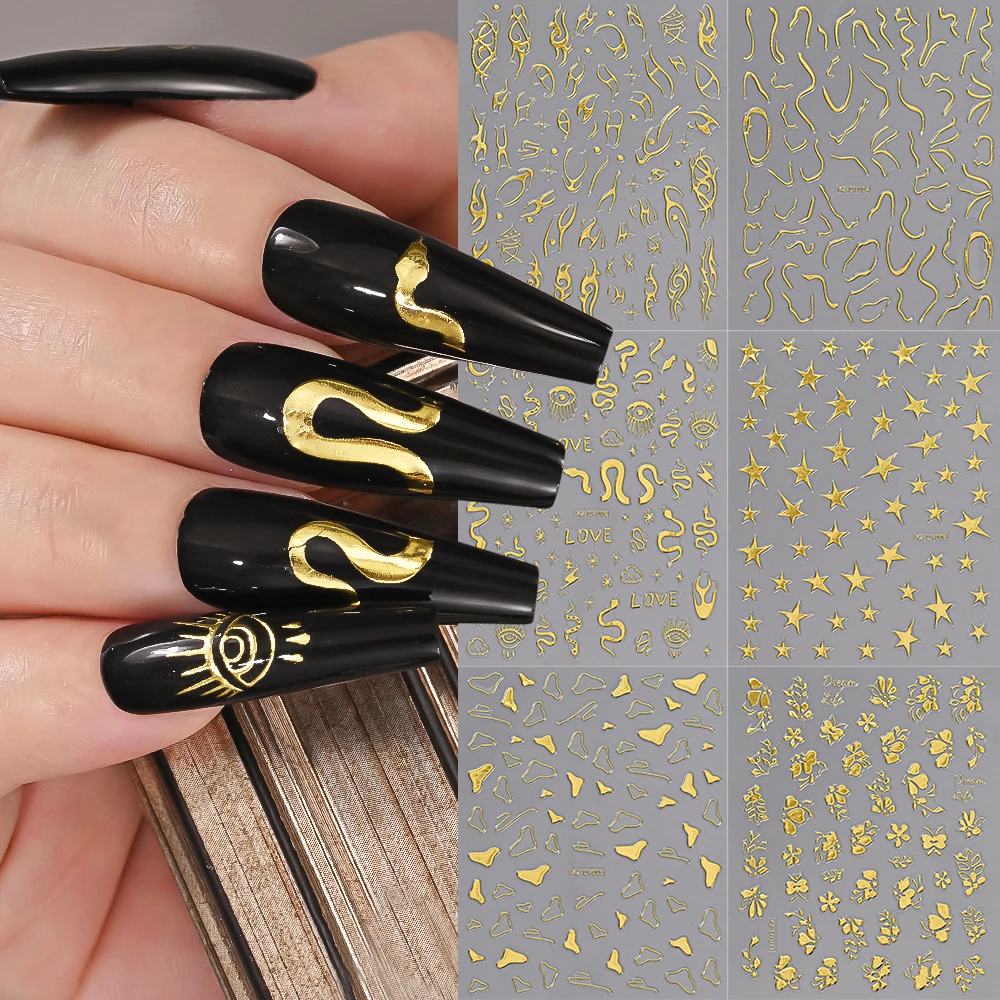 12 Uds. Deslizadores de uñas con corazones y pentagramas geométricos 3D, pegatinas metálicas para decoración de uñas, adhesivo con acabado de espejo dorado y plateado para manicura DIY