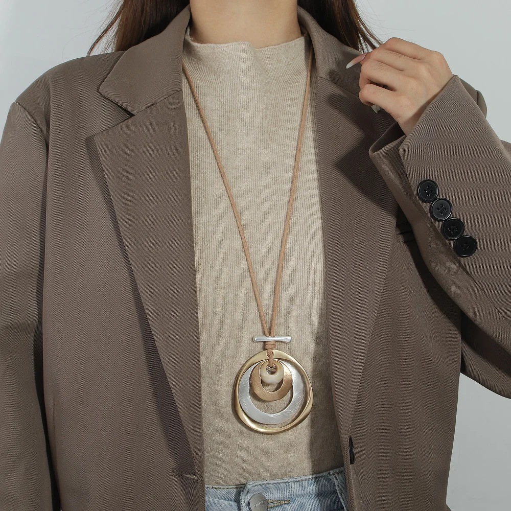 ALLYES Gold Color Multilayer Metal Circles Pendant Necklaces for Women Fashion Long Sweater Chain Collar Necklace Female Jewelry