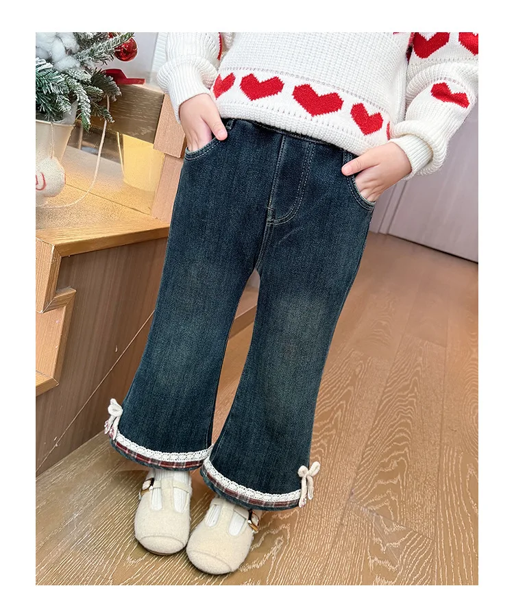 

New Winter Infant Girls Bell Bottom Jeans 3D Bow Velet Kids Baby Girls Demin Pant Lace Trim Thicken Toddler Girls Flared Pants