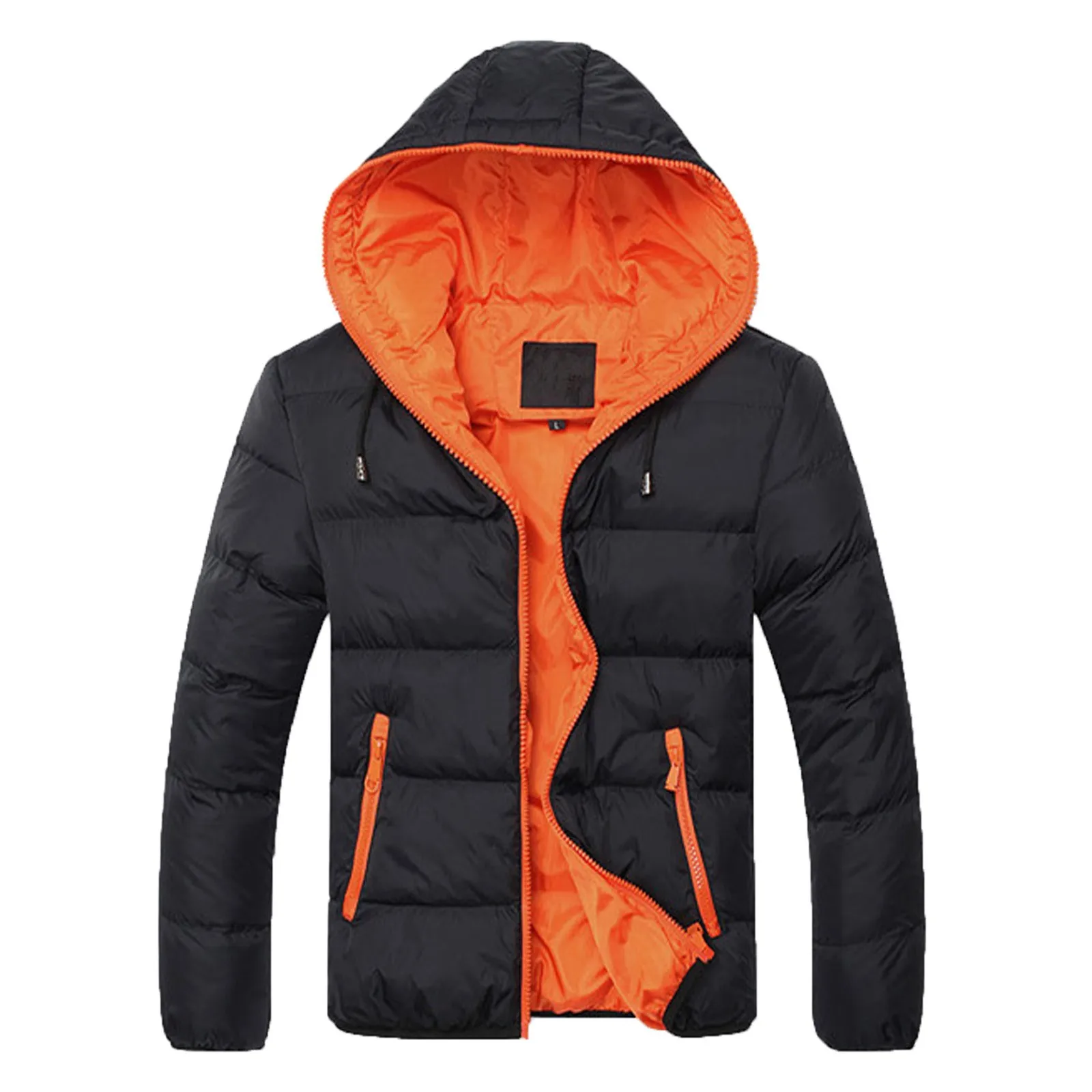 Wintert Warm Cotton Padded Down Jacket Men\'S Casual Contrast Color Coat Collision Zipper Hooded Pocket Thick Puffer Coat For Man