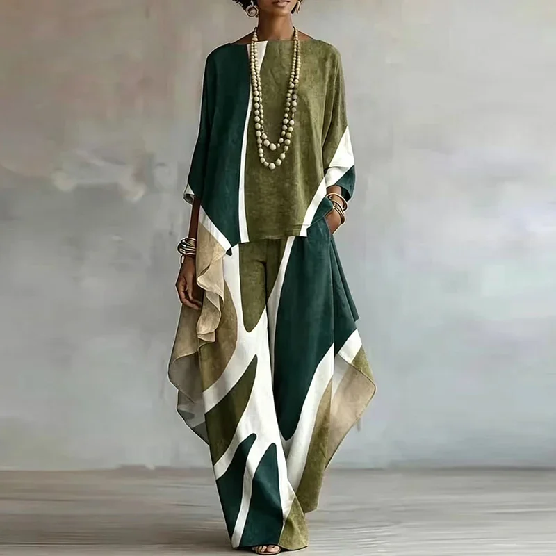 Chic O Neck Batwing Sleeve Top & Long Pants Casual Two Piece Set Geometric Print Loose Irregular Suit New Autumn Fashion Woman O