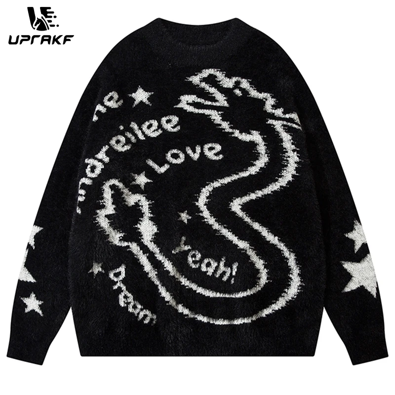 UPRAKF Cartoon Dragon Sweater Round Neck Fashion Long Sleeve Casual Warm Autumn Loose Winter Pullovers