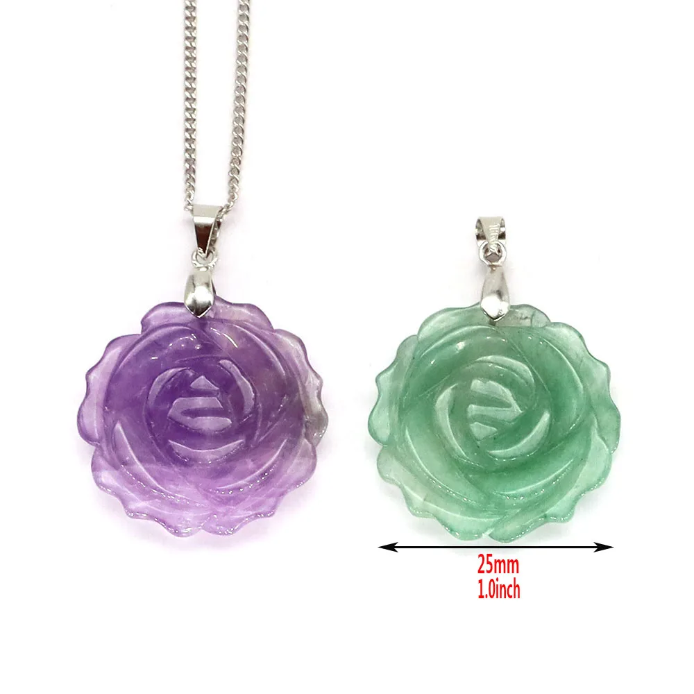 Natural Gemstone Carved Rose Flower Stone Pendant Amethyst Healing Crystal Necklace DIY Jewelry Bead Charm Women Valentine Gift