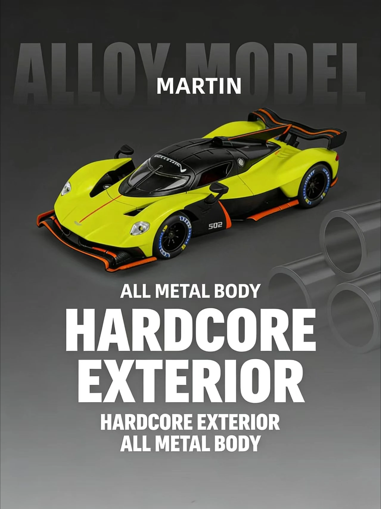 1:24 마틴 발키리 합금 모델카 – 4륜 충격 흡수, 소리 및 조명, 풀백 장난감