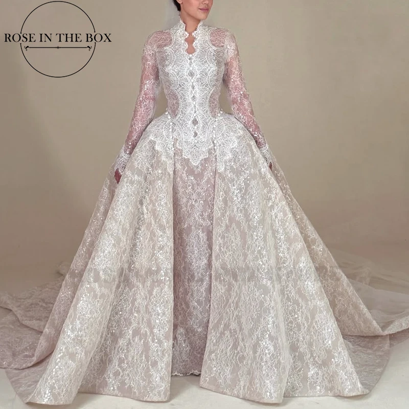 

ROSEINTHEBOX Heavy Beaded Glitter Lace Luxury Wedding Dress 2025Dubai Elegant Long Sleeve Princess Brides Gowns Customized