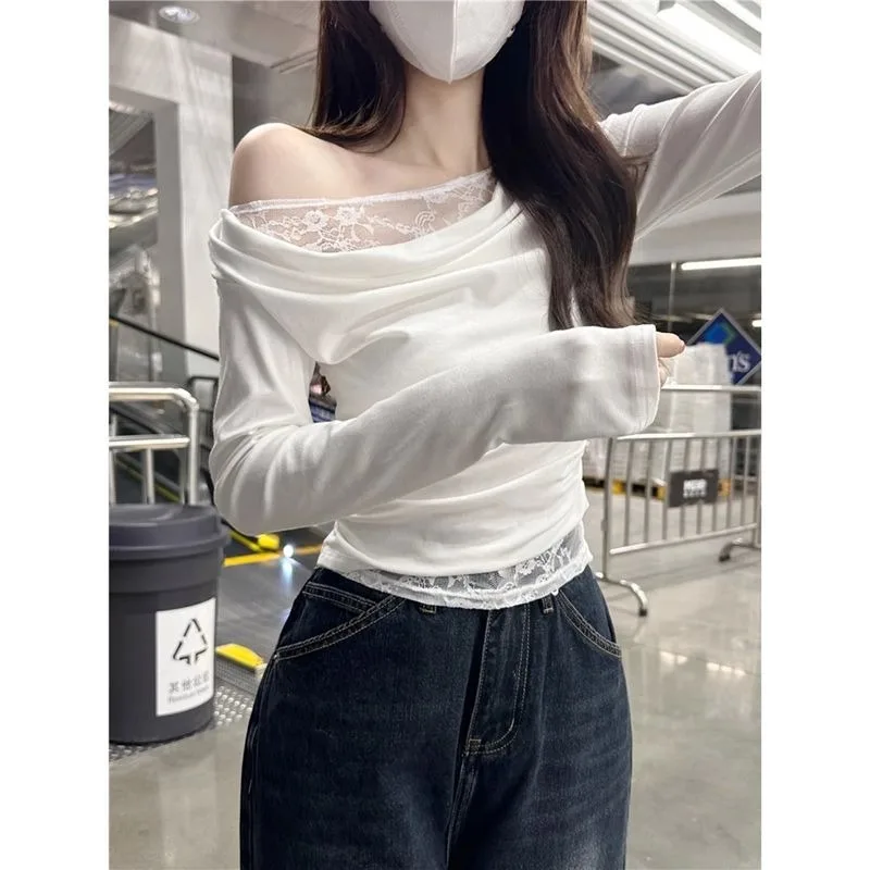 Women Lace Patch Off Shoulder Long Sleeve T-shirt Slim Fit Ruched Short Fashion Layering Casual Blouse