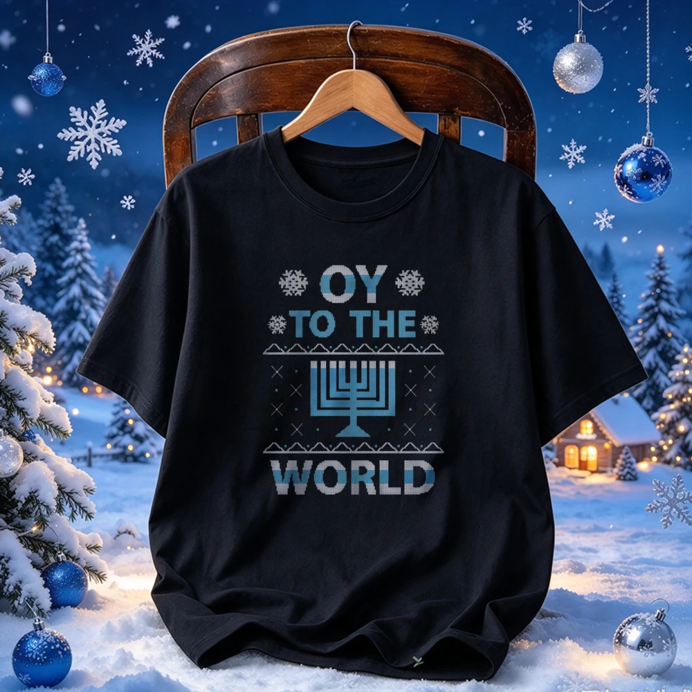 Oy To The World Hanukkah Ugly Sweater Style Menorah Snowflake Graphic Print Tees Funny Jewish Festival of Lights Holiday T-Shirt