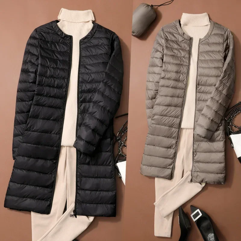 Abrigo-Chaqueta acolchada sin cuello con cuello redondo de estilo coreano de otoño/invierno con forro de plumas cálido nuevo plumón de pato largo ultraligero para mujer