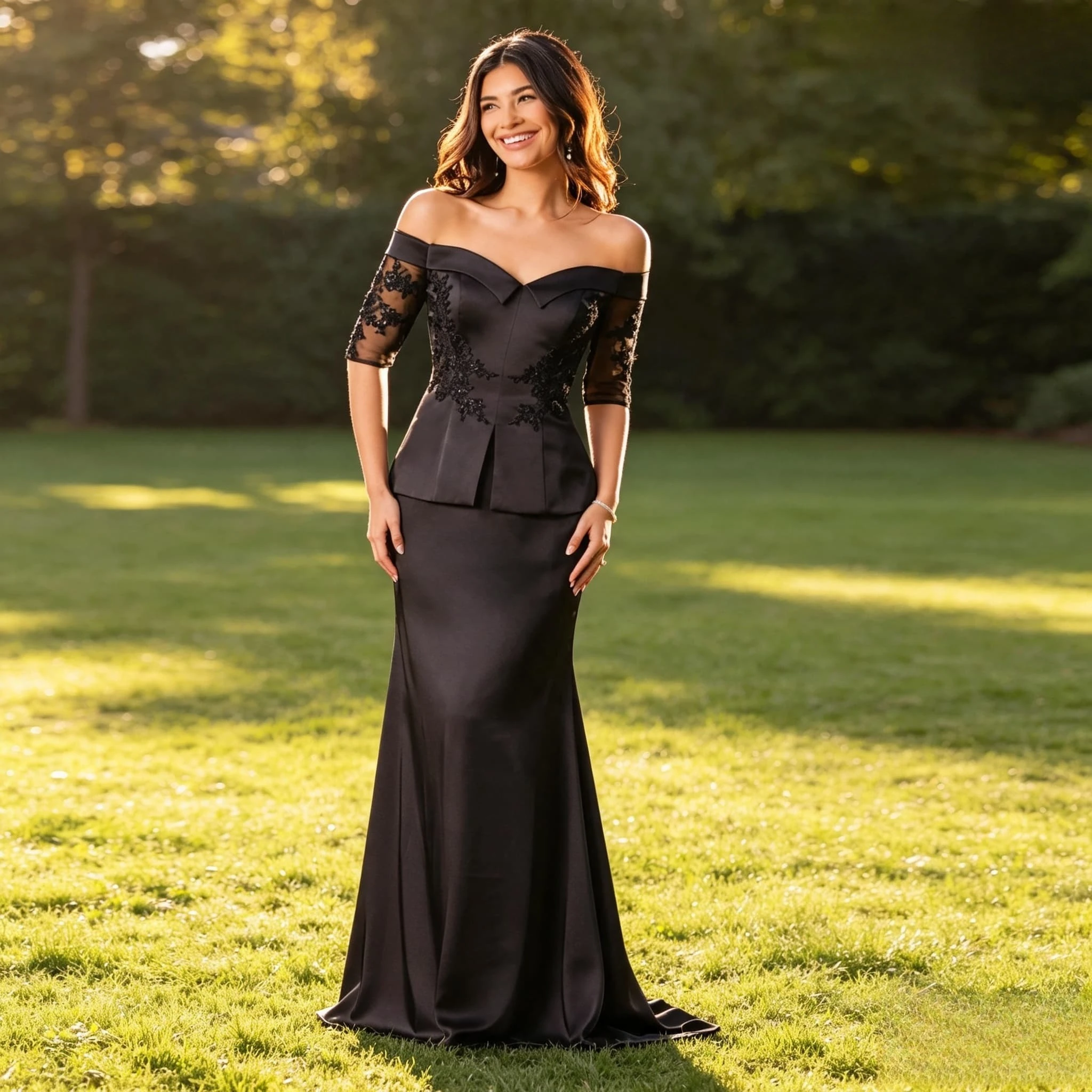 Customized Mermaid Satin Mother of Bride Dress Off Shoulder Half Sleeve Lace Appliques Formal Evening Gown Wedding Party Banquet