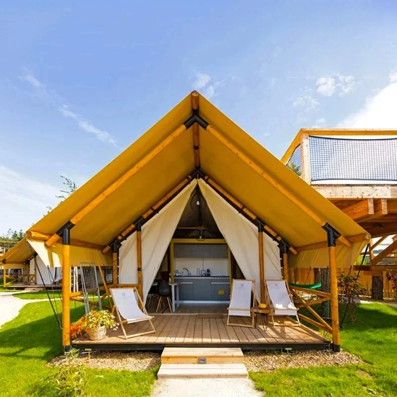 Outdoor Tourist Project Luxury Waterproof Log Cabin Safari Tent Camping  With Bathroom