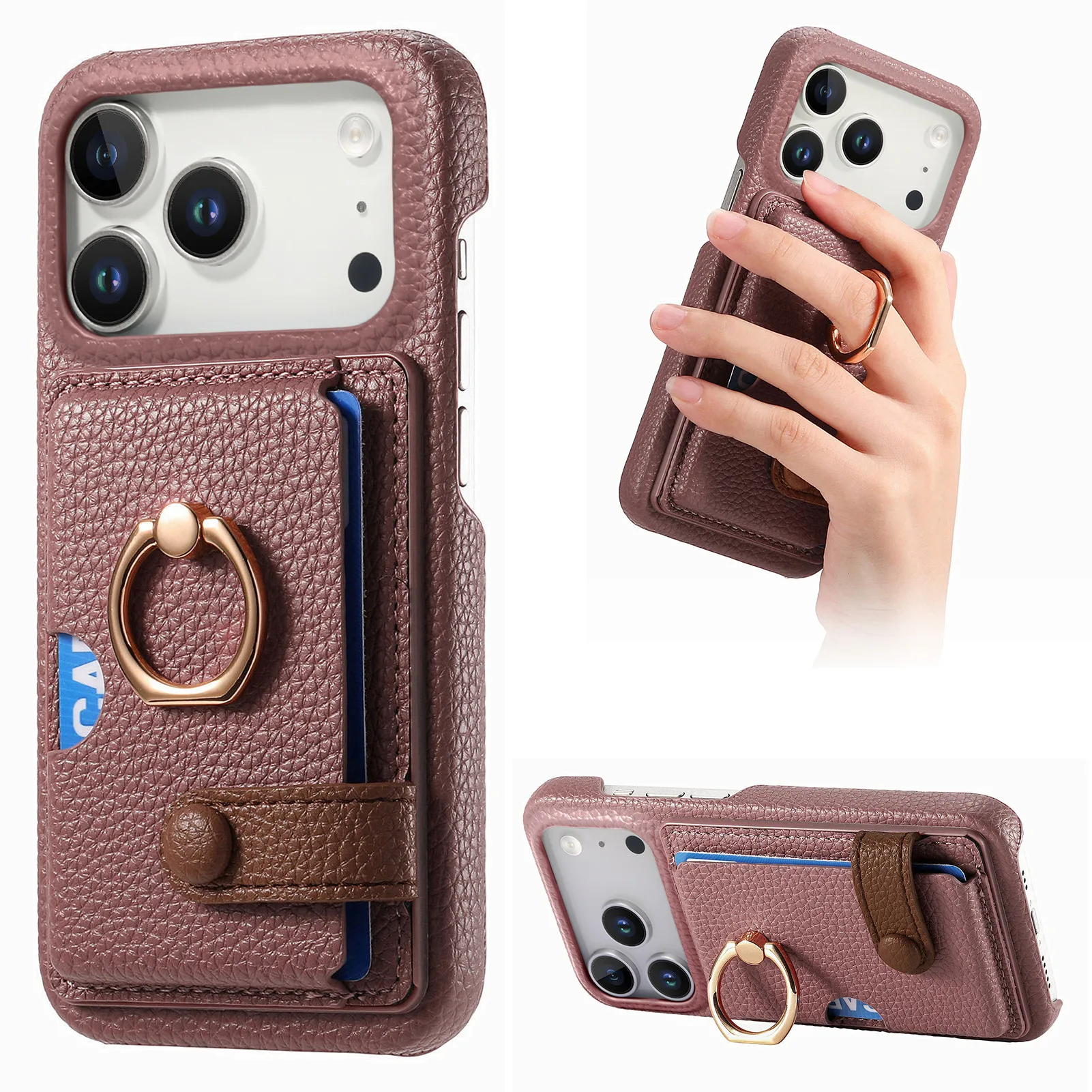 

Litchi Patterned Wallet Ring Holder Leather Case For iPhone 17 Pro Max 17Air 16 Plus 15 14 13 12 11 16E Cards Solt Bag Cover